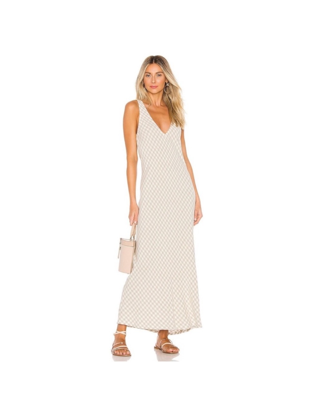 Rachel Pally Beige Gingham Bias V Neck Sleeveless Linen Blend Midi Dress Size XS
